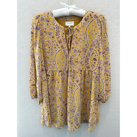MELLODAY | Yellow Boho Floral Peasant Long Sleeve Babydoll Blouse | Small - Picture 1 of 8